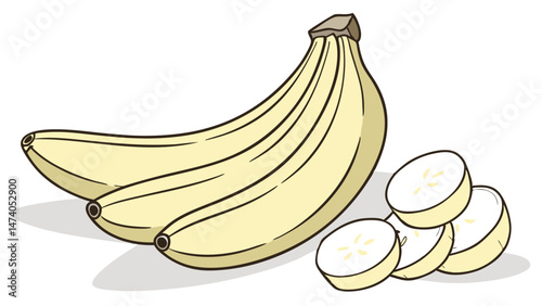 Banana bunch isolated on white, natural yellow tones, clean shadow