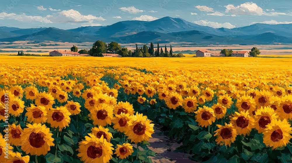 Obraz premium Vibrant sunflower field with mountains in the background.