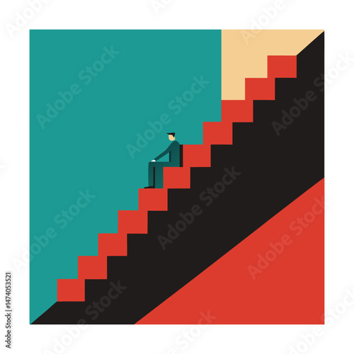 Abstract illustration of a businessman sitting on stairs representing challenges and ambitions