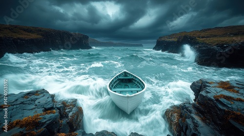Small boat battling rough seas, dramatic sky