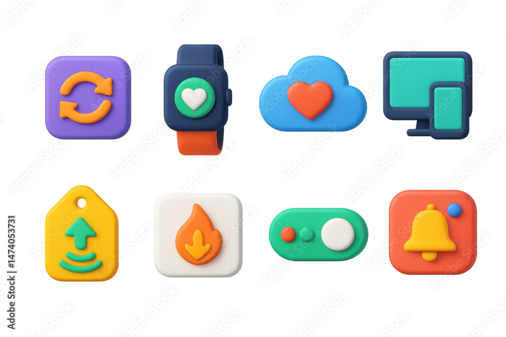 3D icon set of fitness app integration: sync app icon, smartwatch badge, health cloud bubble, multi-device screen, step import tag, calories export card, connected app toggle, daily sync alert. 3D icon set of fitness app integration: sync app icon, smartwatch badge, health cloud bubble, multi-device screen, step import tag, calories export card, connected app toggle, daily sync alert.