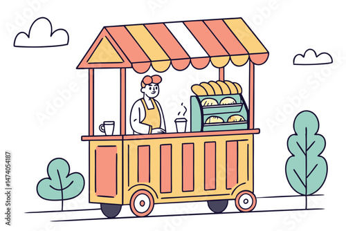 121 street food cart, mobile bakery, freshly baked bread, pastries, coffee, wheels, food vendor, urban scene, hand-drawn illustration, bright colors, whimsical design