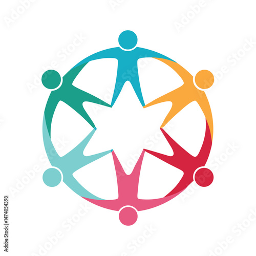 Colorful circle of people holding hands representing community connection and teamwork