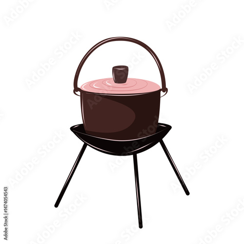 Pot on grill for cooking food outdoors. Camping equipment and utensils for summer recreation. Isolated vector illustration on white background.