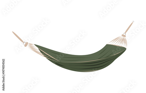 Green hammock for summer outdoor recreation, garden, park. Equipment for camping, glamping or picnic. Isolated vector illustration on white background.