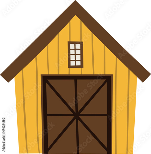 Rustic village barn in flat cartoon style. Cute red wooden shed isolated on white background. Vector illustration ideal for kids, farm scenes, or storybooks.