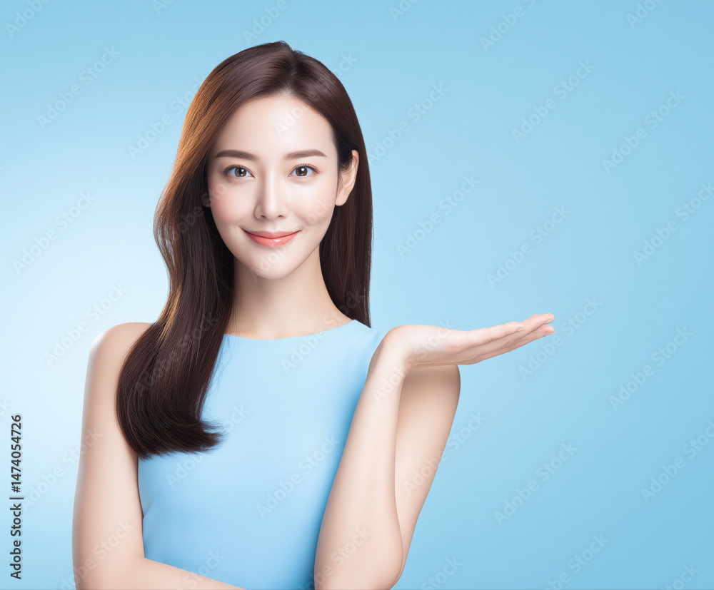A young Asian female model poses with an open palm gesture against seamless colored backdrops. Generative by AI