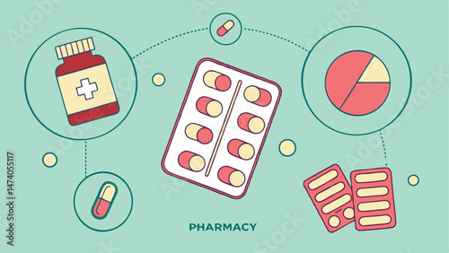 Pharmacy Poster With Flat Icons. Vector illustration for medical or healthcare presentation, document cover and layout template design. Drugs and Pills, Lab Tests, Medication ConceptPharmacy Poster 