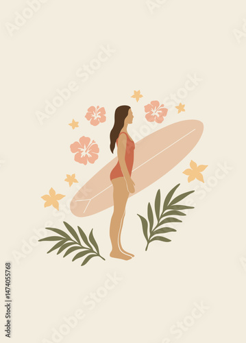 Girl surfer holding surfboard. Summer vacation illustration with hibiscus flowers, palms leaves. Ocean beach vibes lifestyle. Female print poster for interior, sticker, postcard.