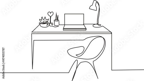 Cozy workplace for creative work continuous one line drawing. Modern interior for home office with notebook and houseplants, remote work, freelancing, education, vector Illustration.