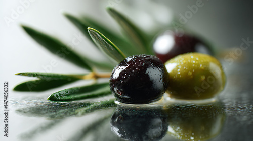 Green and black olive with an olive ramification resting on a white ruminative aerofoil