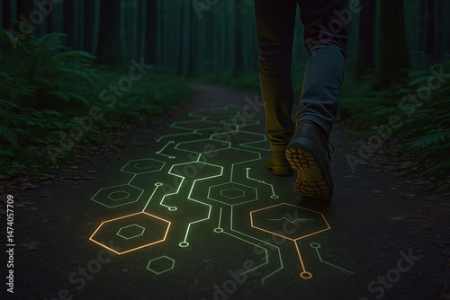 A person walks along a dark forest trail illuminated by a futuristic glowing circuit pattern embedded in the path.