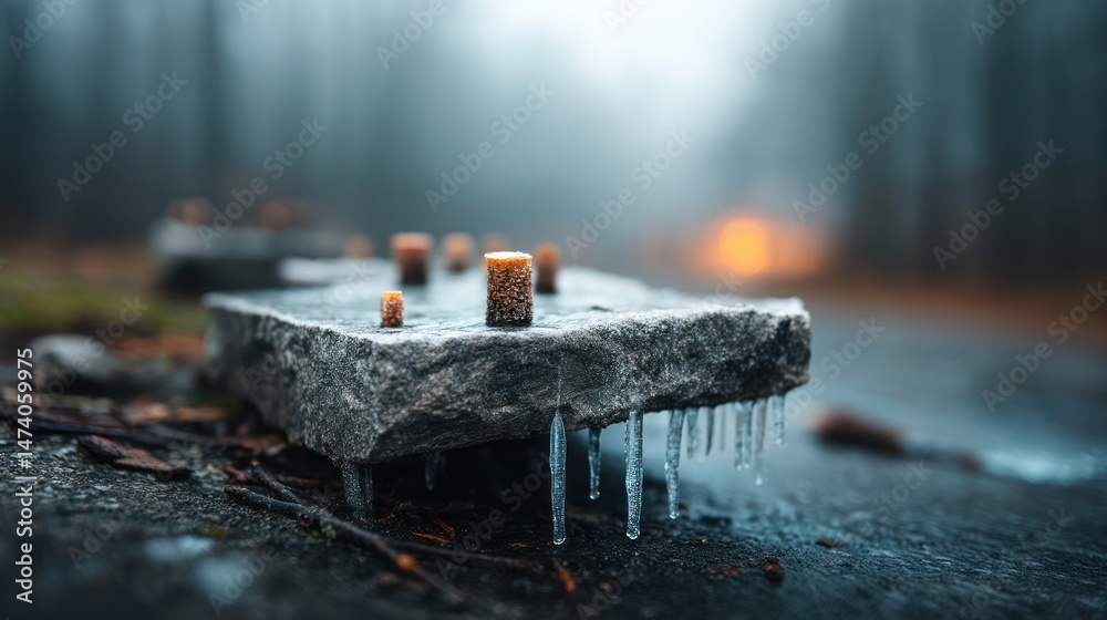 Fototapeta premium Icicles on stone, foggy forest