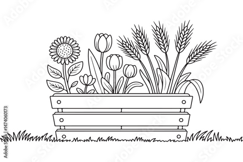 Hand-drawn black line vector illustration. Spring flowers in a box of wooden boards, flower pots, isolated on a white background. For garden decor, terrace, balcony.