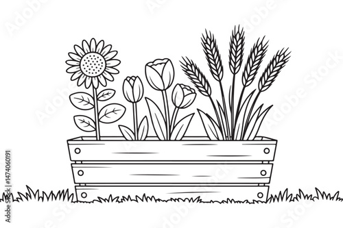 Hand-drawn black line vector illustration. Spring flowers in a box of wooden boards, flower pots, isolated on a white background. For garden decor, terrace, balcony.