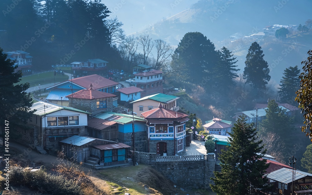 Naklejka premium summer ,Shimla, Himachal Pradesh ,india Mountain village nestled in misty hills