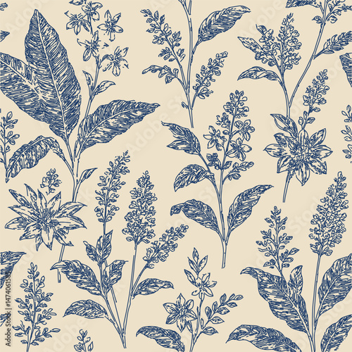 Seamless pattern with hand-drawn vintage botanical illustrations. Wildflowers & leaves in detailed blue ink on a cream background. Classic, elegant & rustic design for wallpaper, fabric & home decor