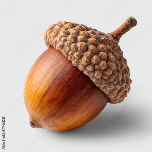 A close up of an acorn on a white background