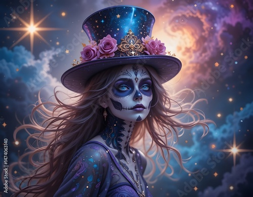 Mystical Day of the Dead Woman with Floral Hat - Fantasy Art Prin