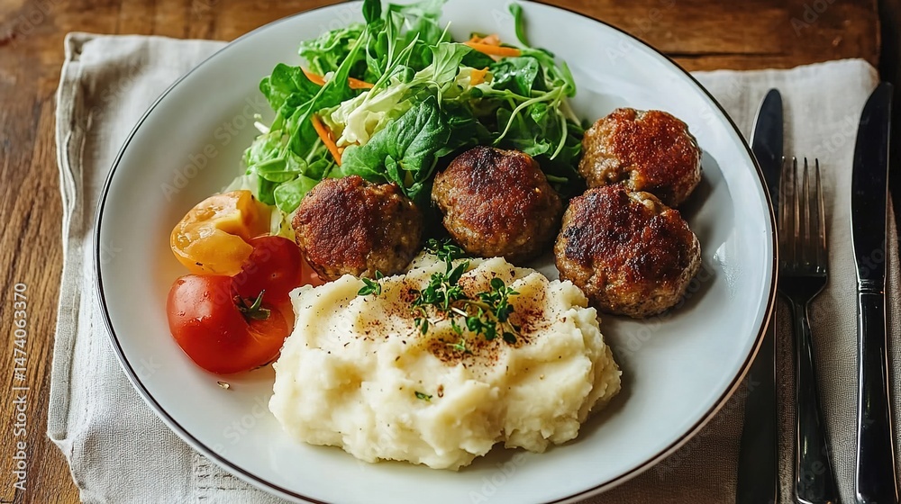 A white plate on a wooden table with browned meatballs, herb-topped mashed potatoes, diced tomatoes, potatoes, and green salad.