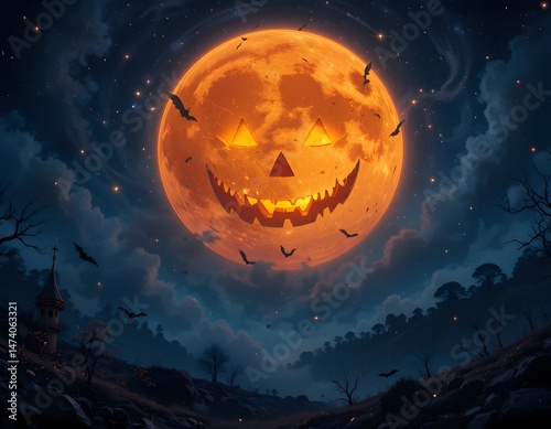 Haunting Halloween Pumpkin Moon with Bats - Spooky Night Sky Art Print