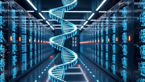 DNA Strand and Server Racks Representing Data Science Indoors