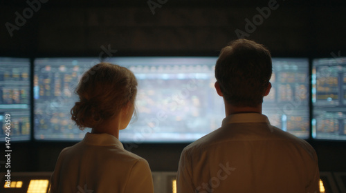 Focused Business Team Monitors Data on Multiple Screens