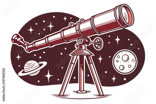 125 red telescope, metal telescope, star gazer telescope, vintage telescope, astronomical observation equipment, night sky viewing, stargazing tool, space exploration, celestial bodies, high-quality t