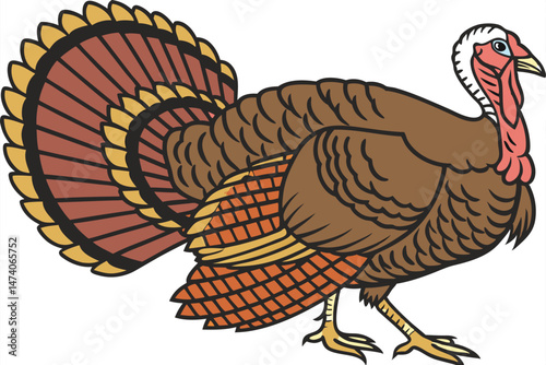 126 brown turkey, colorful feathers, proud posture, close-up portrait, detailed plumage, farm animal, thanksgiving bird, photorealistic, high resolution