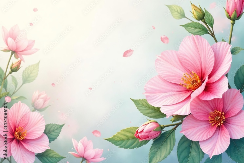 Fototapeta premium Delicate watercolor blooms, soft pastel hues, flowing leaves, romantic & serene, elegant, bloom