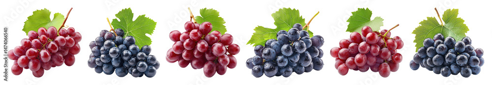 Fototapeta premium PNG Colorful grapes with leaves, transparent background