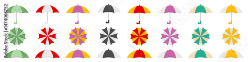 Set of umbrella in different view in a flat design