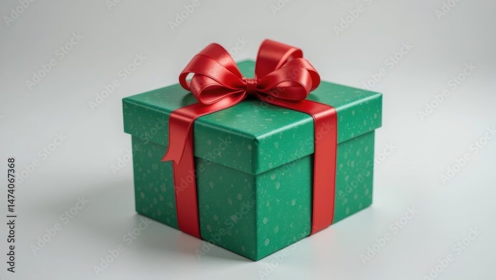 Elegant Green Gift Box Wrapped with Red Ribbon and Bow on a Light Surface Elegant Green Gift Box Wrapped with Red Ribbon and Bow on a Light Surface
