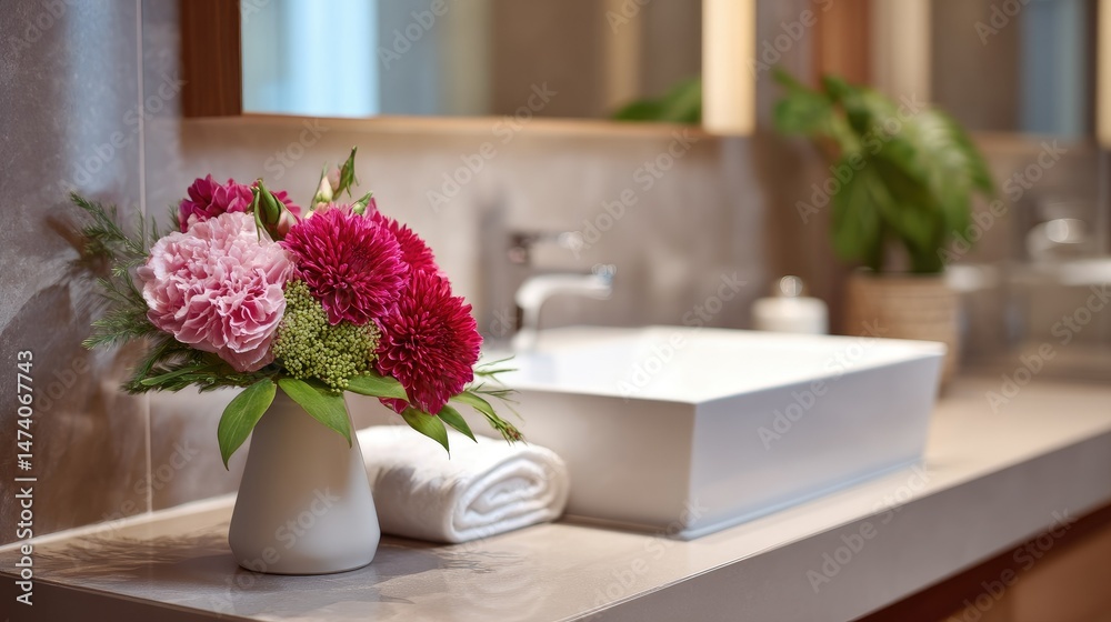 A fresh flower in a sleek, simple vase placed on the bathroom counter, with a modern sink and mirror reflecting the elegant dcor A fresh flower in a sleek, simple vase placed on the bathroom counter, with a modern sink and mirror reflecting the elegant dcor