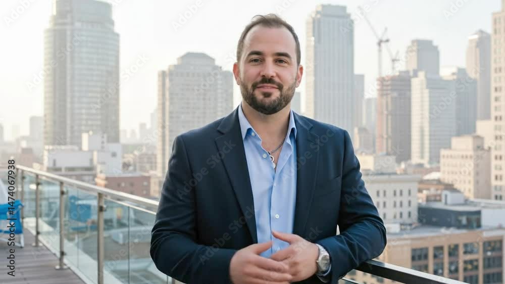 Confident bearded businessman on urban rooftop terrace, city skyline in background.
Confident bearded businessman on urban rooftop terrace, city skyline in background.