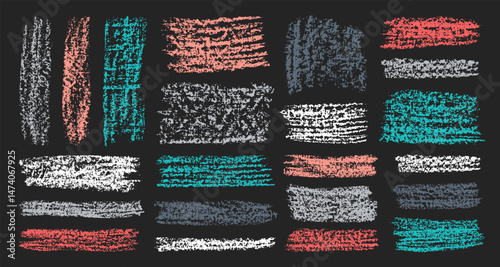 Chalk grunge backgrounds set. Chalkboard abstract sketches. Colorful chalk pencil hatches and scribbles. Grungy backdrops collection.