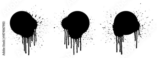 Grunge circle backgrounds set with paint drops. Paint drip. Splatter round frames set. Grunge stains. Ink splash. Round grunge backdrops. Liquid dripping collection.