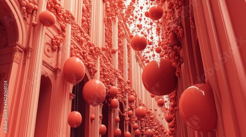 A red architectural space filled with spheres suspended from the ceiling