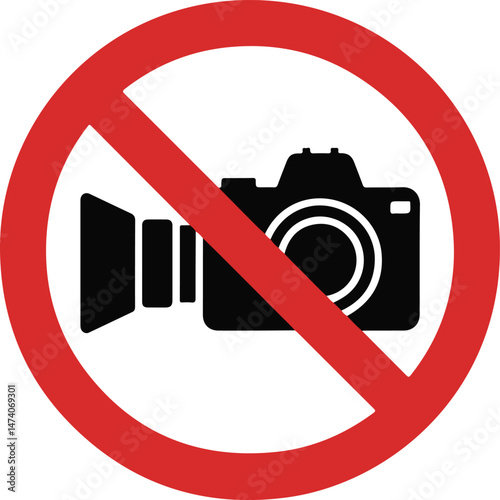 No Photography Sign black silhouette with camera and red slash, creatively highlighting privacy and rules