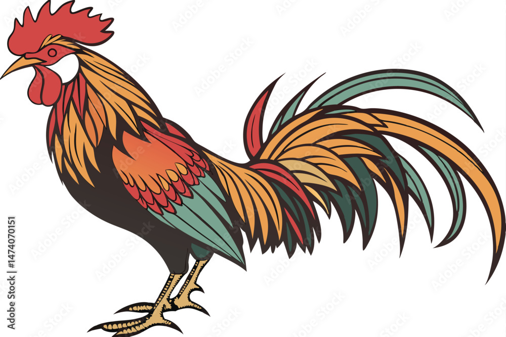 Fototapeta premium 127 rooster, colorful feathers, vibrant hues, detailed plumage, majestic pose, proud stance, isolated white background, photorealistic, highly detailed