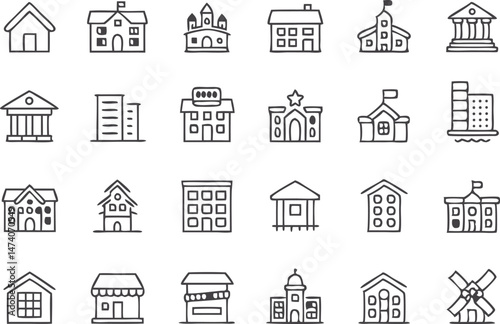 Building thin line icons set. Building, Architecture, House, Hospital, Office, School, Bank, Church, Hotel editable stroke icon. Vector