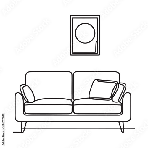 Stylish Sofa Illustration with Picture Frame Artwork Above Furniture Scene