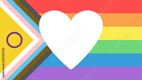 Intersex progress pride flag with a large central white heart symbol representing unity and love. Pride day background.