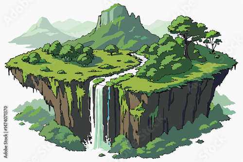 128 floating island, lush green landscape, waterfalls, mountainous terrain, fantasy environment, photorealistic, highly detailed, 8k resolution, digital art