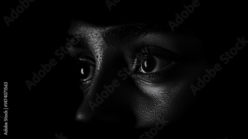 Macro image of eyes glancing sideways suspiciously in dim light.