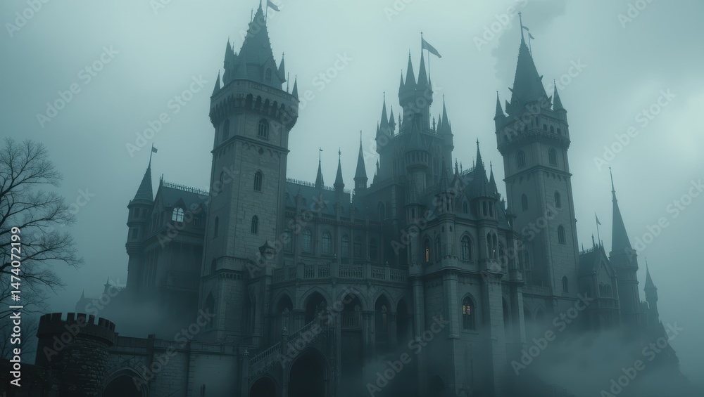 Fototapeta premium Gothic Castle Silhouette Amidst Fog and Stormy Sky in a Mystical Atmosphere
