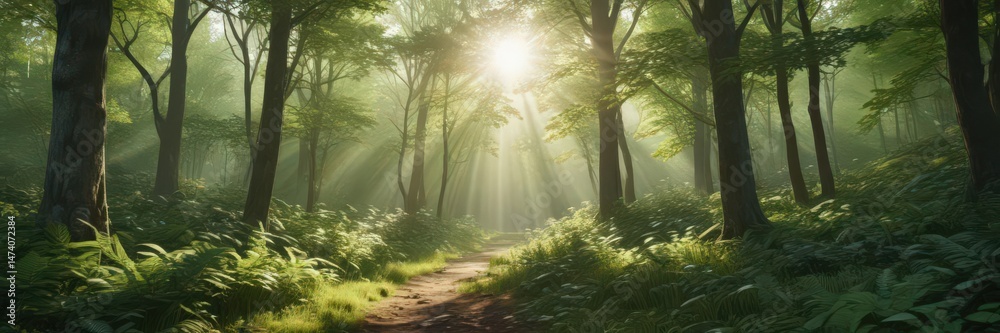 Fototapeta premium Lush green forest with sunlight dappling through leaves, outdoor, flora
