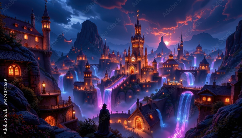 Obraz premium illuminated fantasy cityscape at night with glowing buildings and magical atmosphere for dreamy architectural photography, perfect for sci fi or fantasy themed branding and product listings