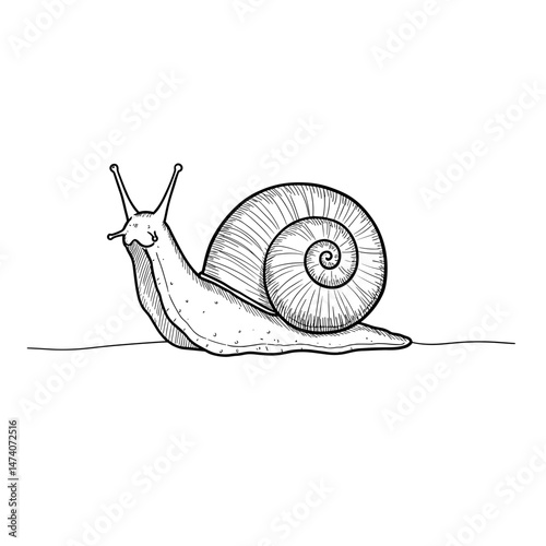 Cartoon snail with a spiral shell, black line art illustration on transparent background for logo design, packaging, tattoos, and minimalist decor  