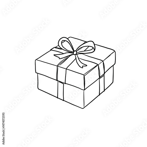 Gift box with ribbon, black line art illustration on transparent background for logo design, packaging, tattoos, and minimalist decor 